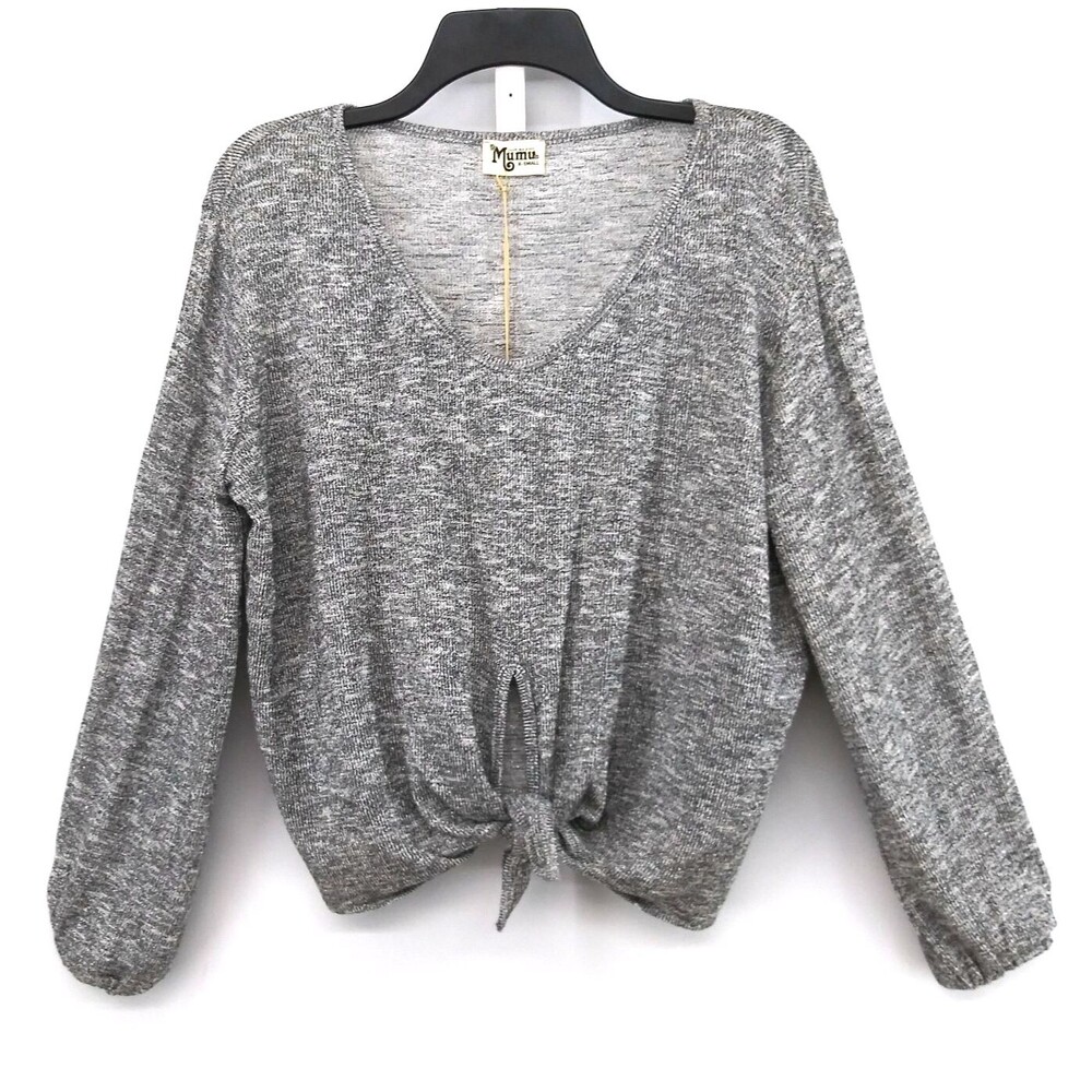 Mumu Blouse Women Size XS Silver Balloon Sleeve V-Neck Tie Knot Front Top